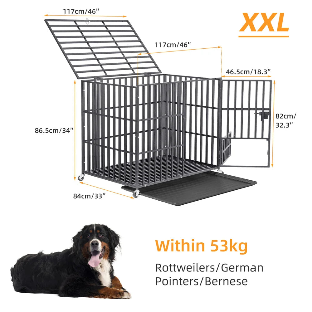 XXL Heavy Duty Dog Crate – Tear-Resistant Metal Cage with Lockable Wheels & Tray