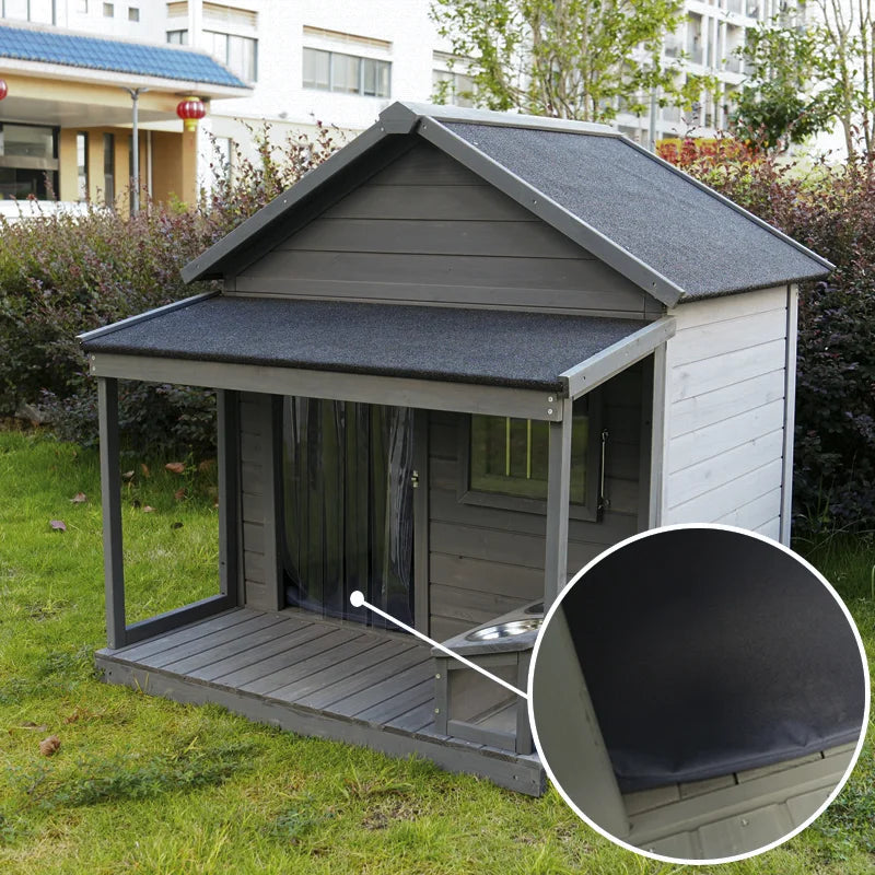 Multifunctional Wooden Outdoor Dog House with Porch & Feeding Station