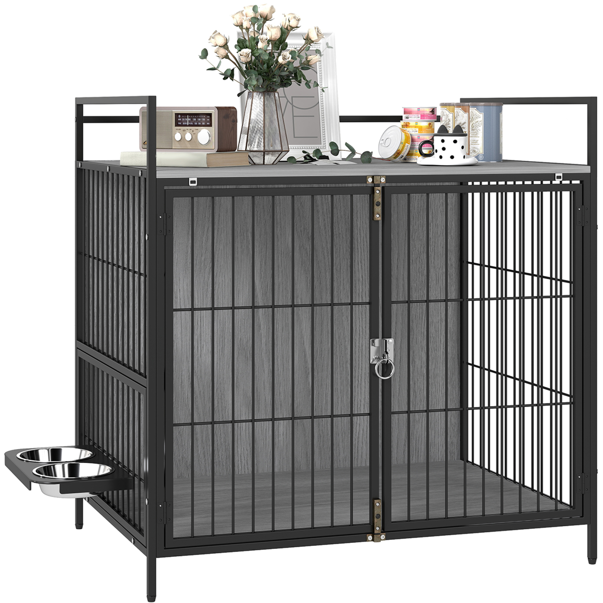 PawHut 2-in-1 Rotating Bowl Dog Crate Table for Medium Dogs, Grey
