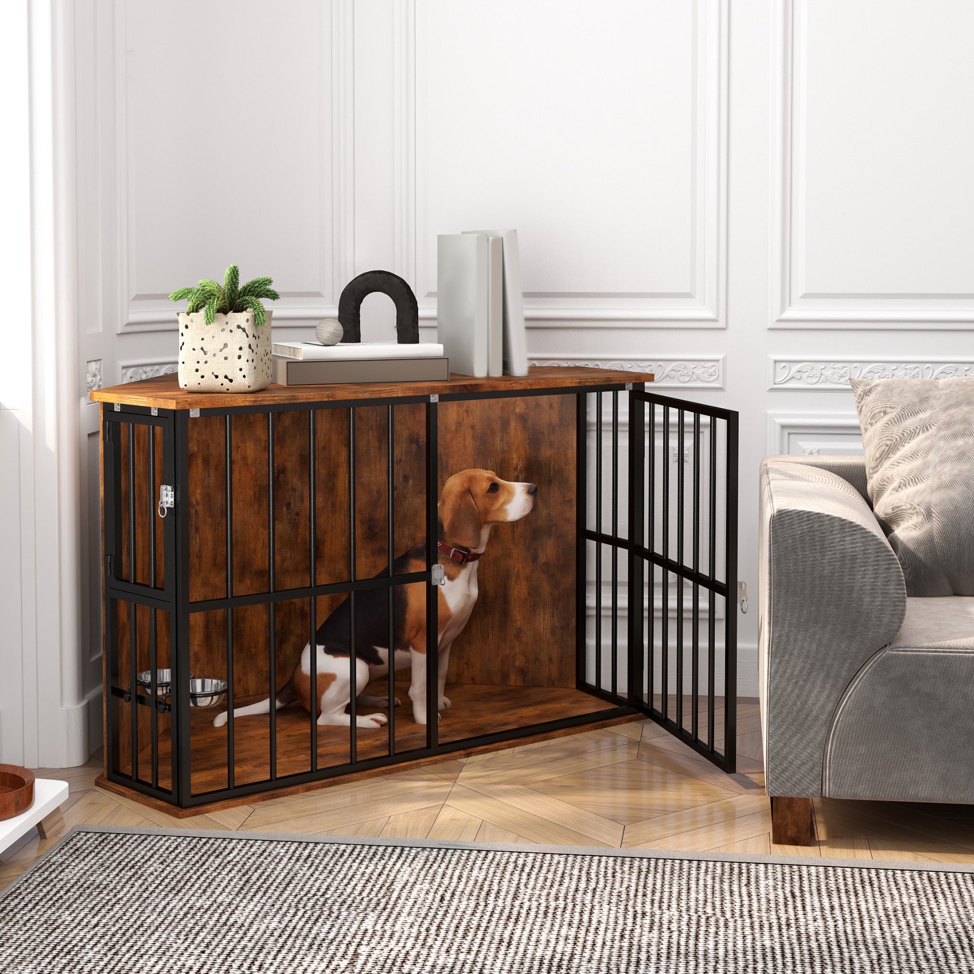 PawHut Corner Dog Crate with Dual Bowls - Space-Saving for Small & Medium Dogs