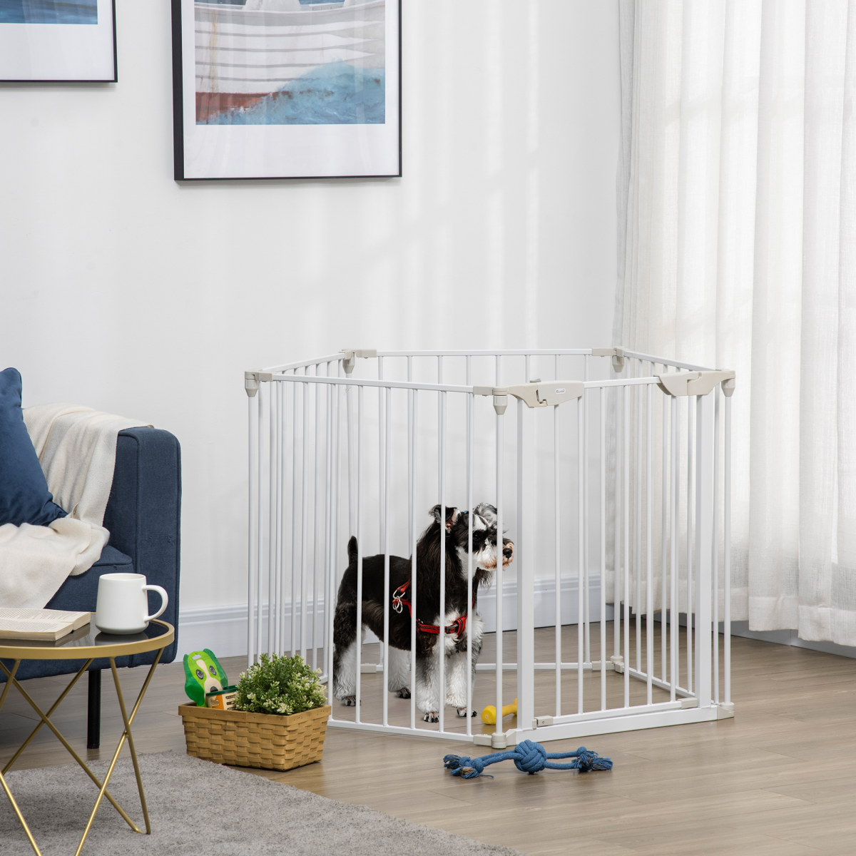 5-Panel Pet Gate Playpen, Indoor Stair Barrier with Walk-Through Door, White