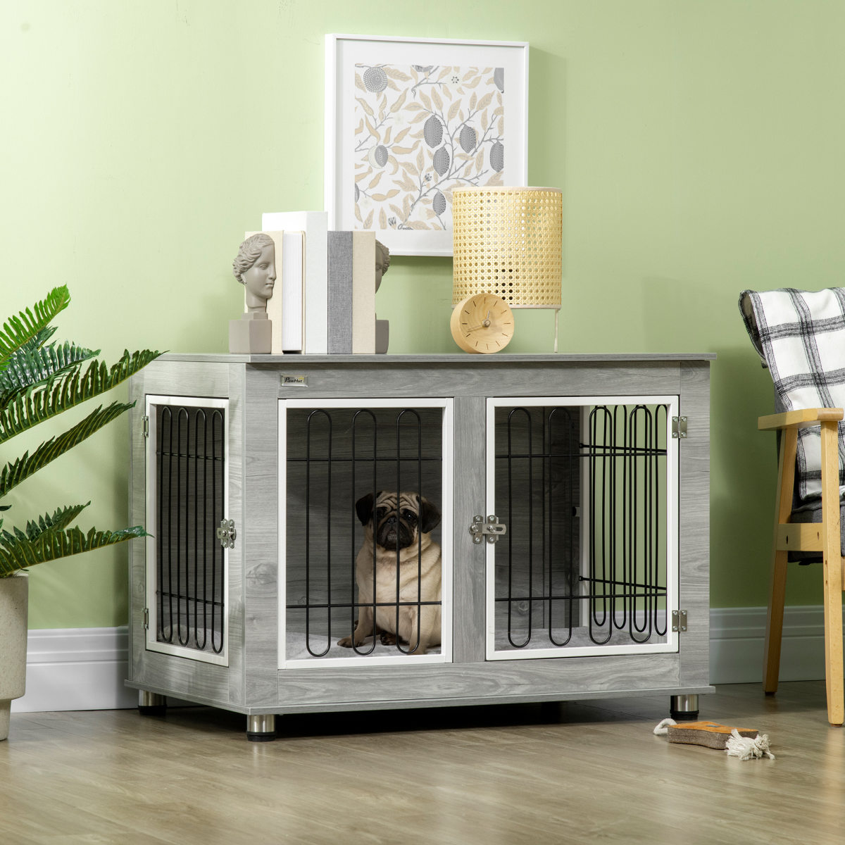 PawHut Dog Crate End Table with Soft Cushion and Double Doors