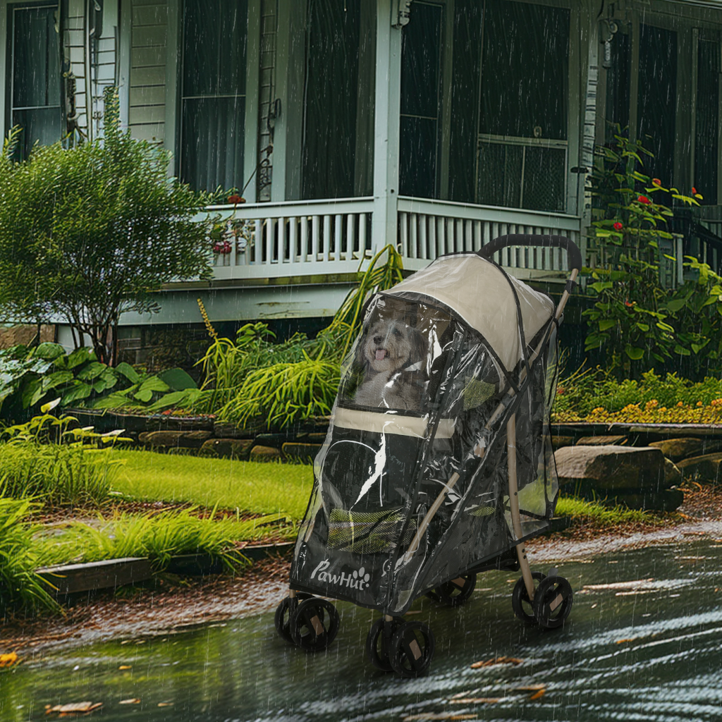 PawHut XS/S Dog Stroller with Rain Cover - Khaki, Adjustable Canopy