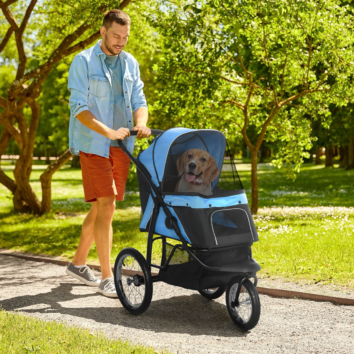3-Wheel Pet Stroller for Small/Medium Dogs, Foldable Cat Pram - Blue