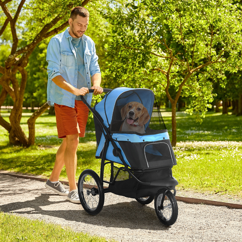 3-Wheel Pet Stroller for Small/Medium Dogs, Foldable Cat Pram - Blue