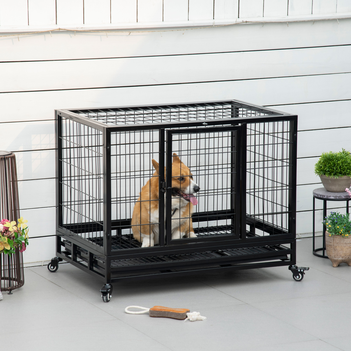 Heavy-Duty Metal Dog Kennel with Wheels & Tray - Black, Size M/L