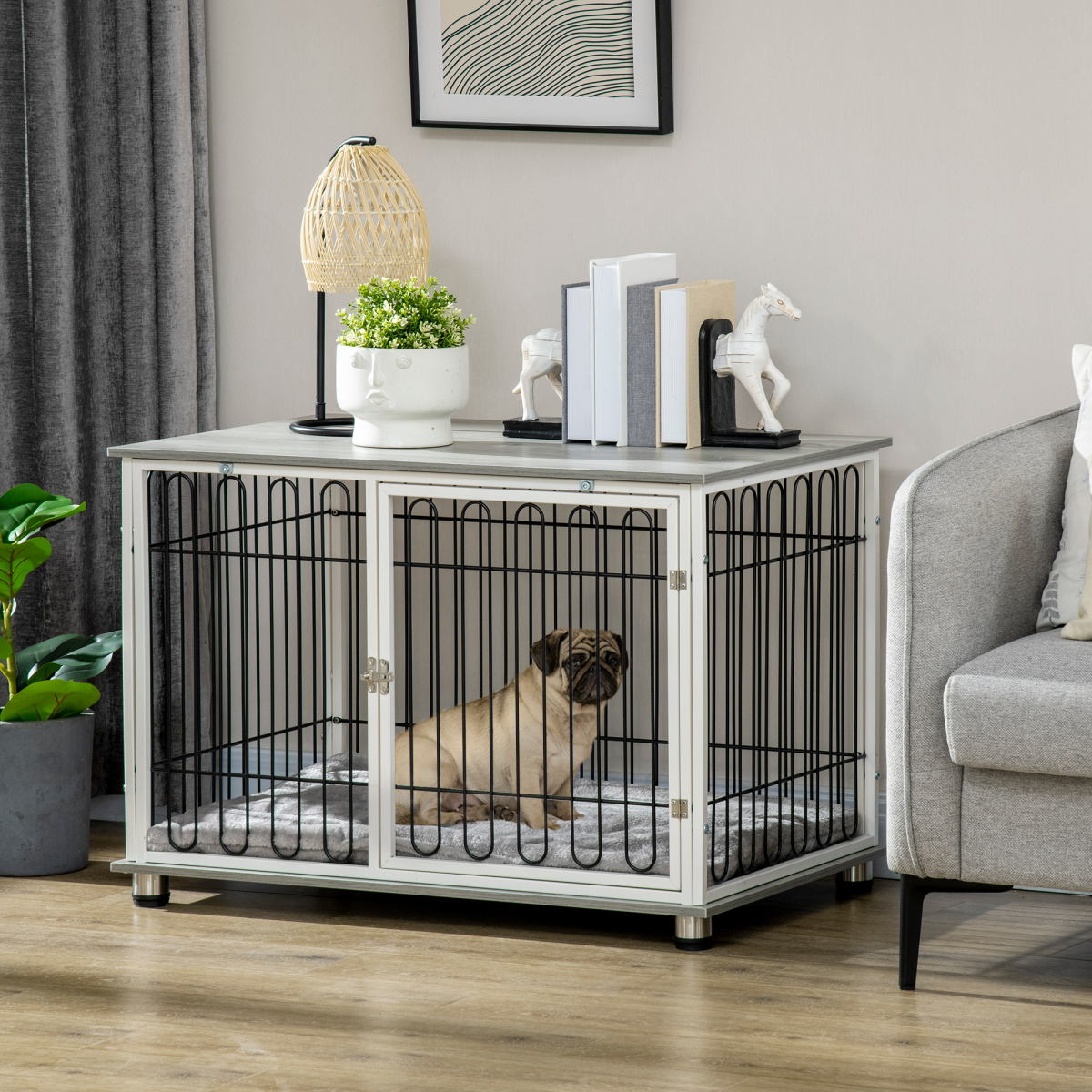 PawHut Dog Crate End Table — Soft Washable Cushion, Lockable Door