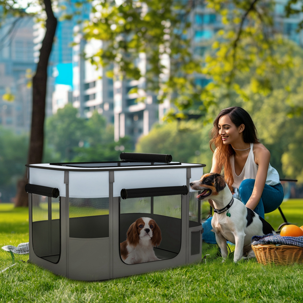 PawHut Portable Pet Playpen - Foldable, Multi-Door, 84x64x53 cm (Grey)