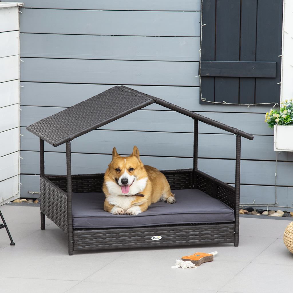 PawHut Wicker Dog House, Cat Basket & Rattan Pet Bed with Cushion - Grey