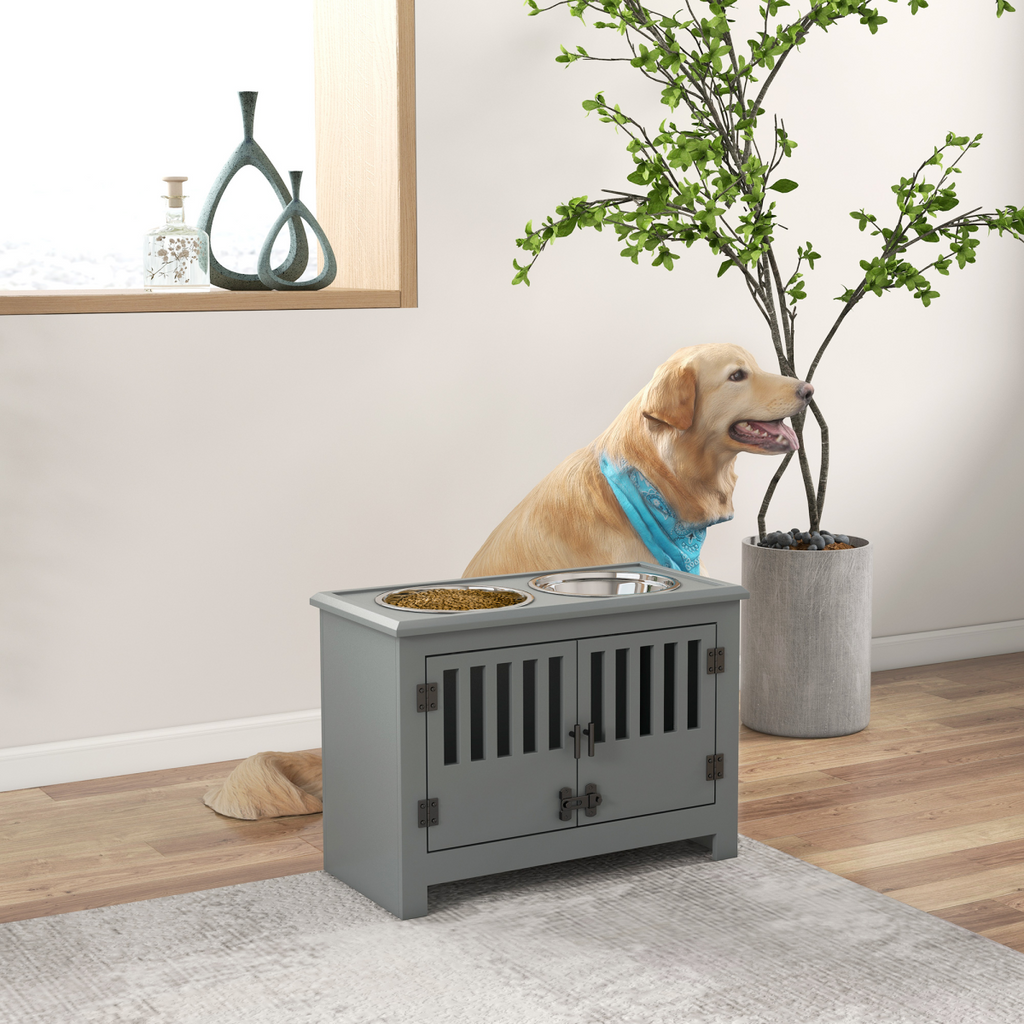 PawHut Elevated Dog Bowl Station for Large Dogs with Built-in Storage – Grey