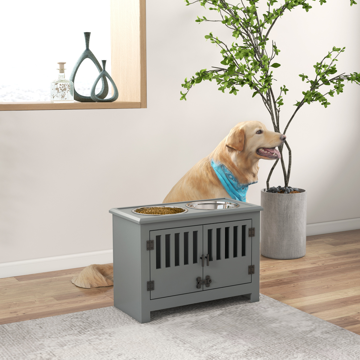 PawHut Elevated Dog Bowl Station for Large Dogs with Built-in Storage – Grey