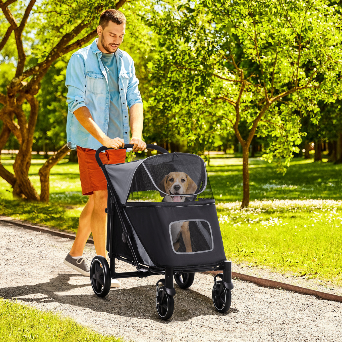 PawHut Foldable Dog Carriage with Universal Wheels & Shock Absorber - Black