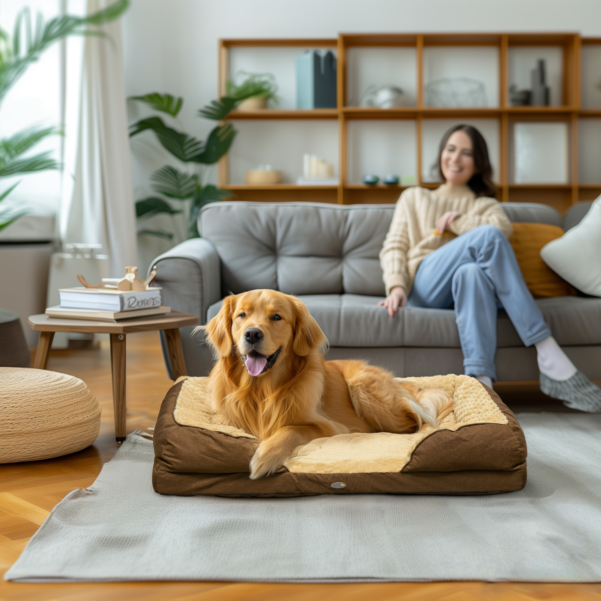 PawHut Calming Large Dog Bed with Thick Bolster, Non-Slip, Brown