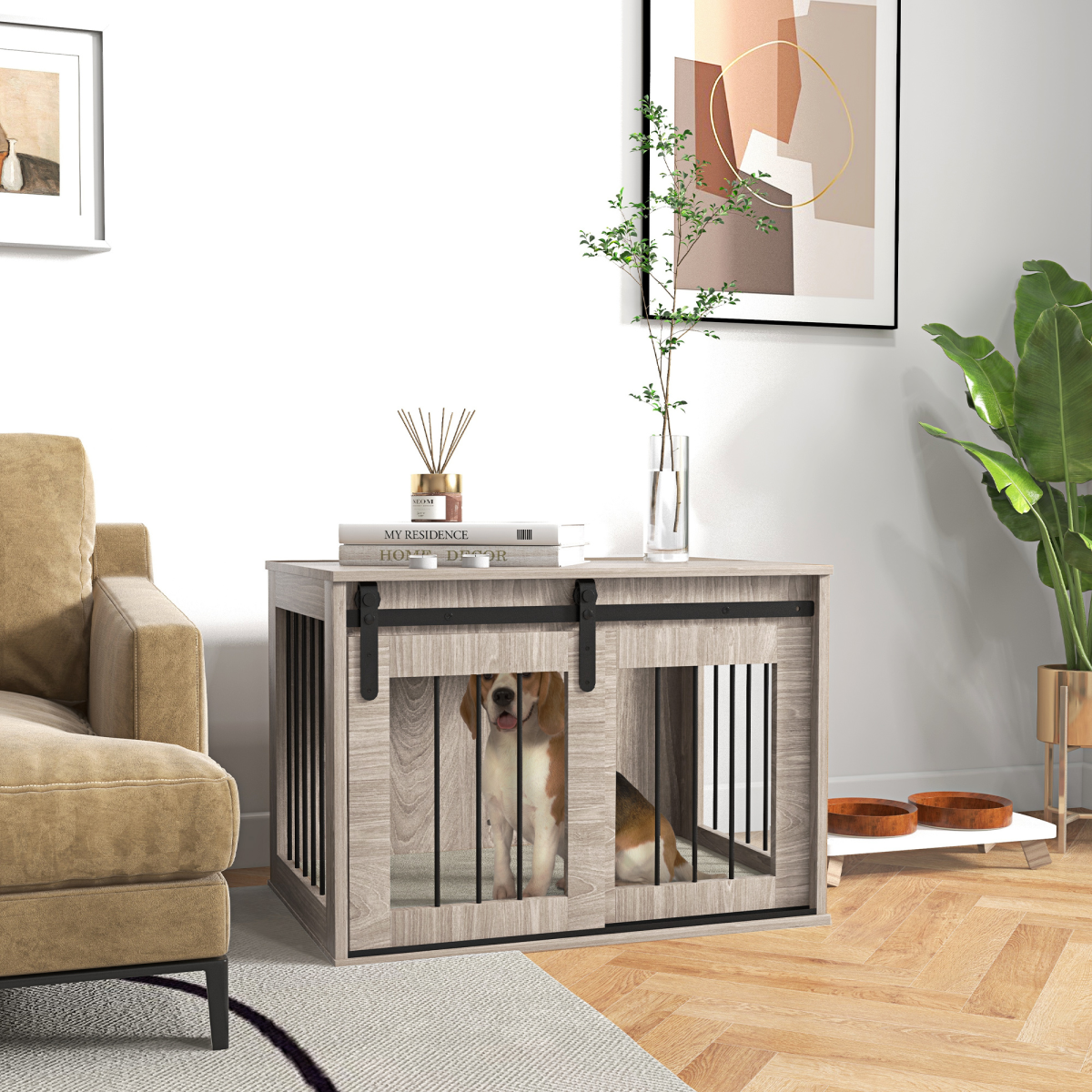 PawHut Dog Crate Furniture with Removable Cushion and Side Table