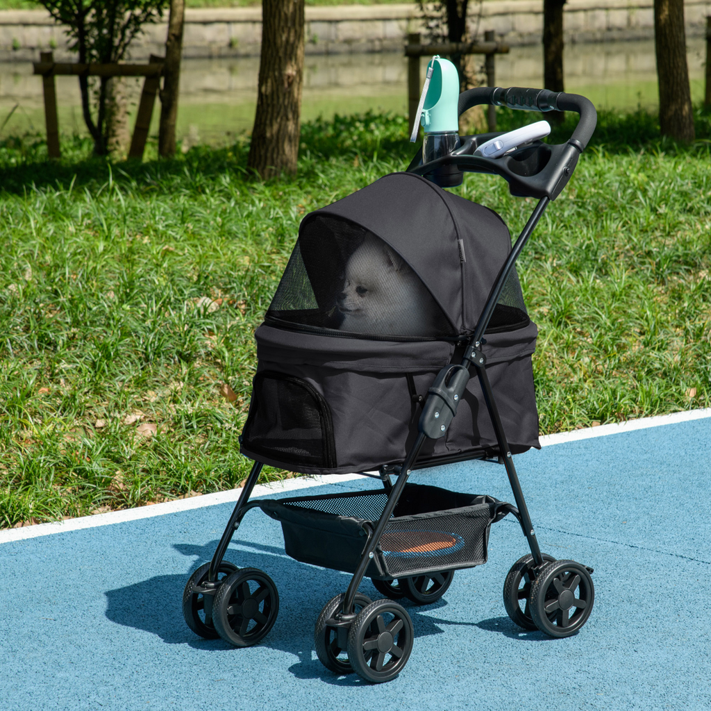 PawHut Foldable Pet Stroller with Brakes, Canopy & Mesh Front - Black