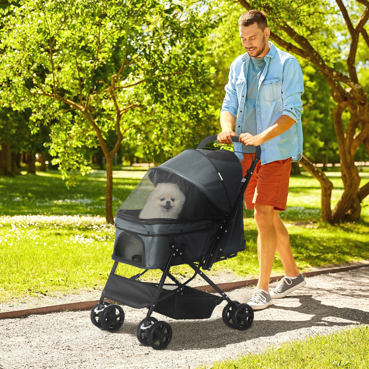 PawHut Foldable Pet Stroller with Reversible Handle - Grey