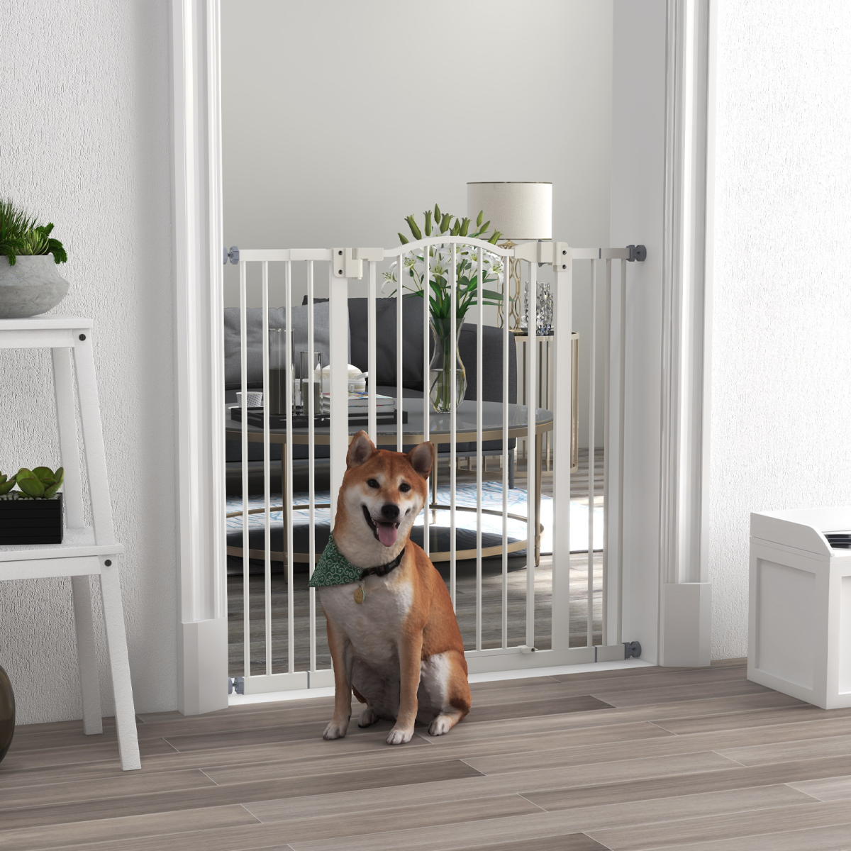 PawHut Adjustable Metal Pet Gate 74-100cm with Auto-Close Door - White