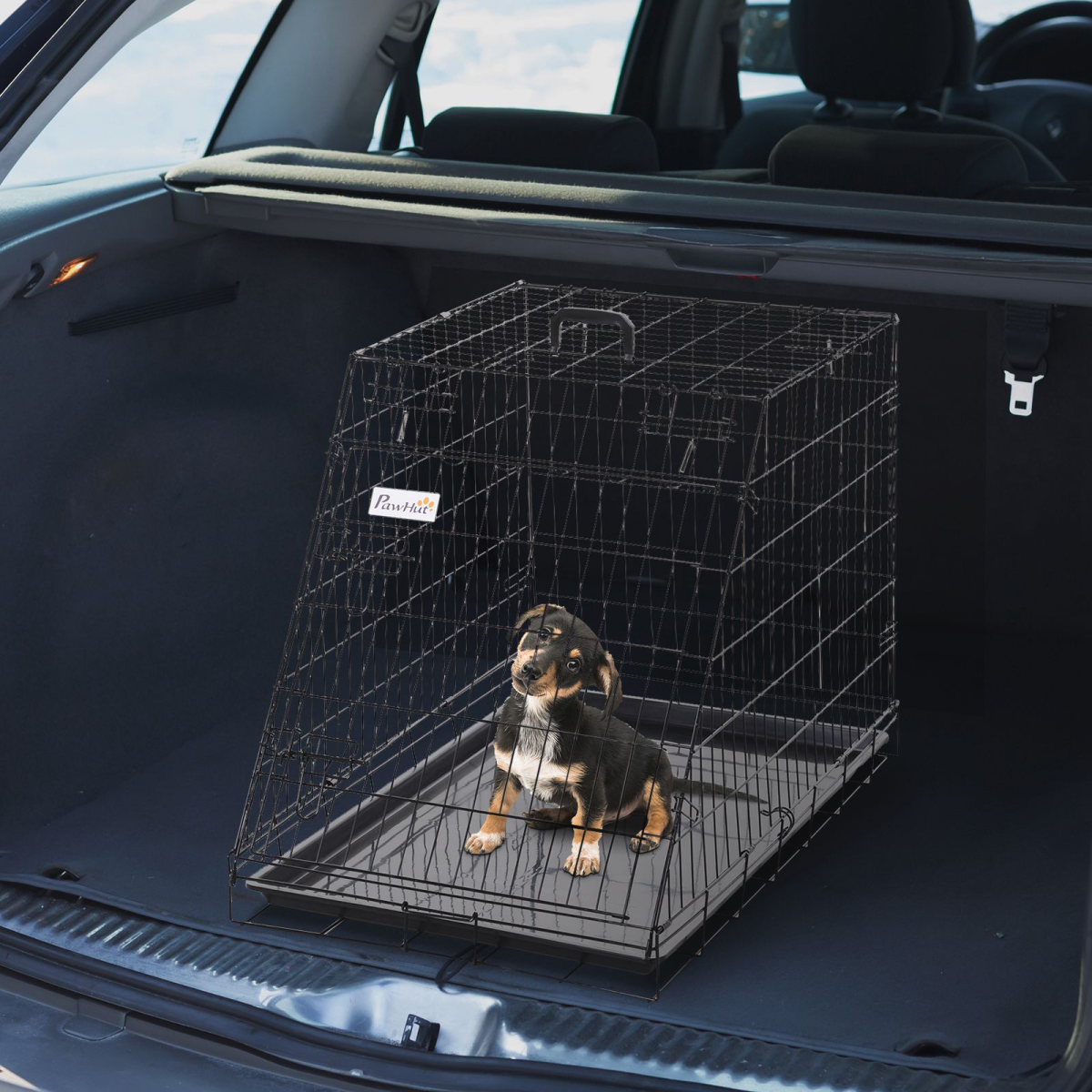 PawHut Trapeze Collapsible Dog Cage with Removable Tray 93x58x65 cm