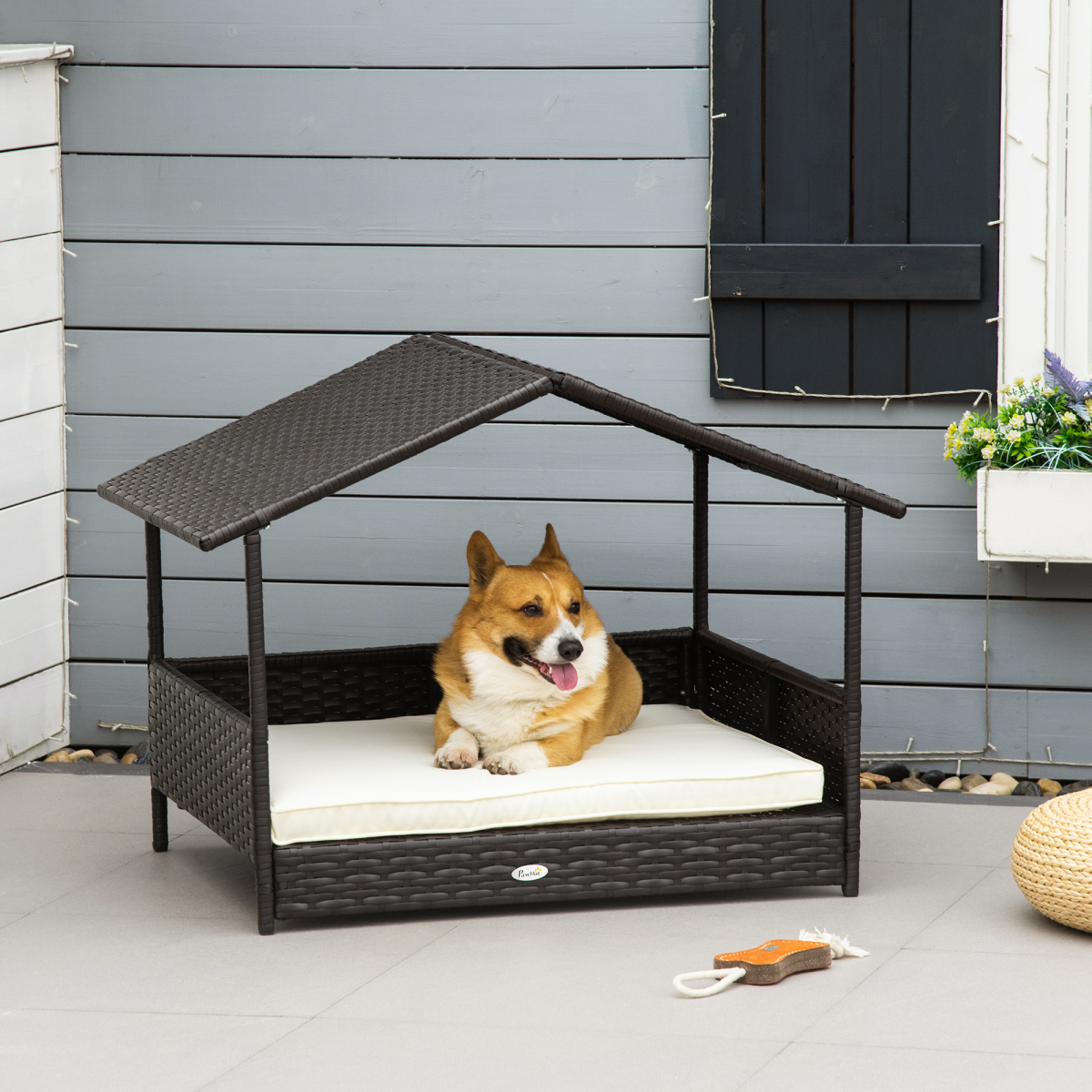 PawHut Wicker Dog House & Rattan Pet Bed with Cushion - Cream