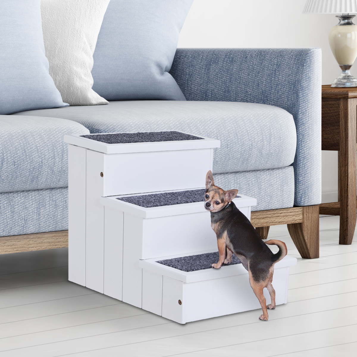 3-Step Wooden Dog Steps with Hidden Storage - Pawhut Pet Stairs for Bed