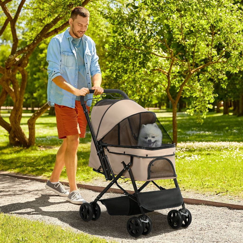 Foldable Pet Stroller for Small Dogs — Reversible Handle, Brown