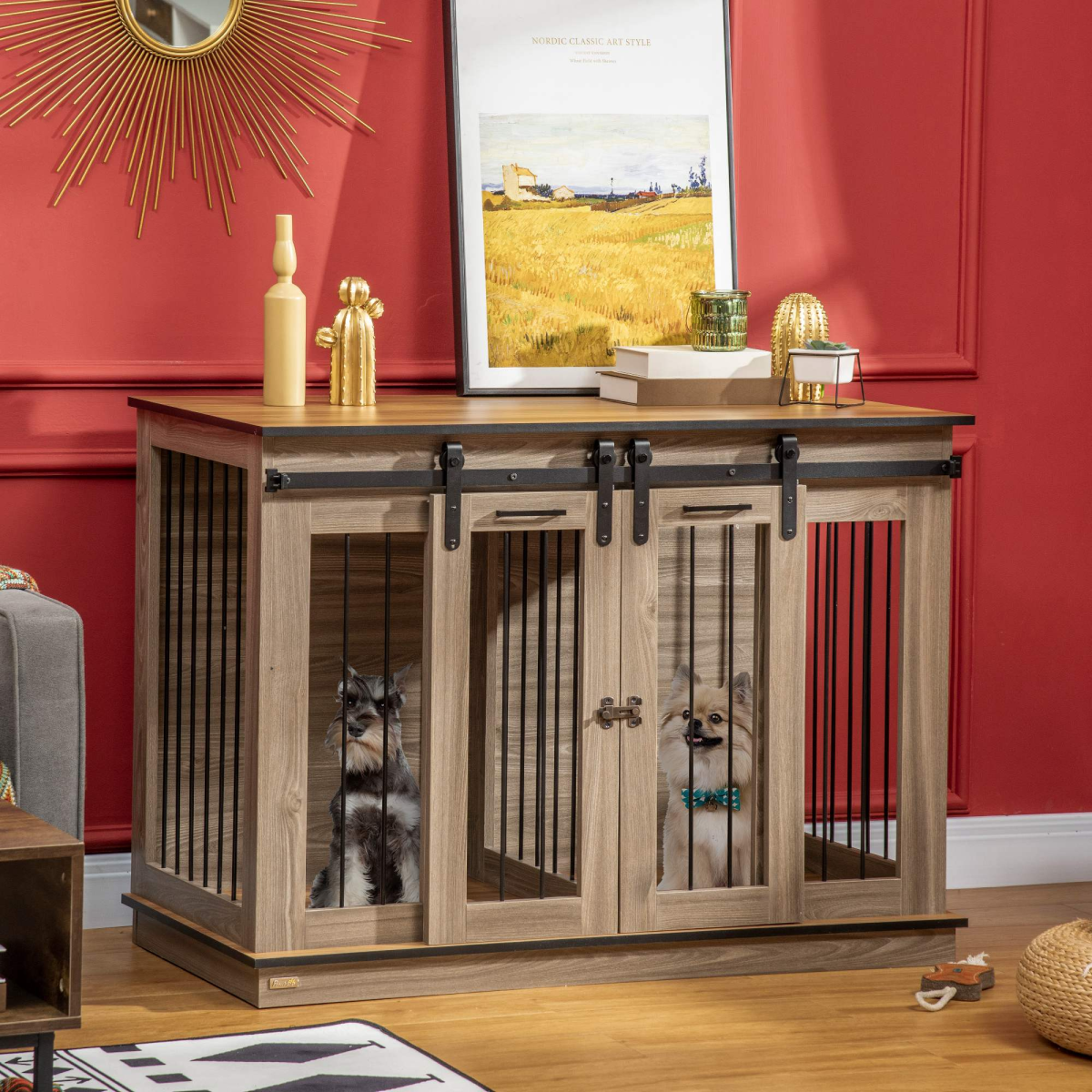 PawHut Oak-Tone 2-Room Dog Crate with Divider & Lockable Doors