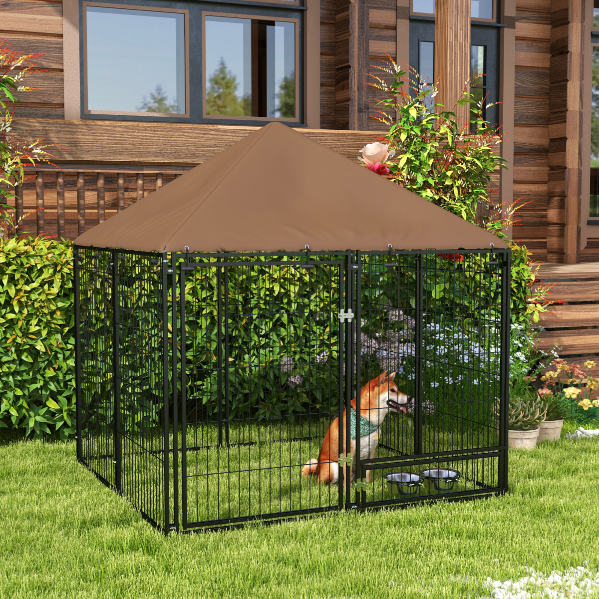 Outdoor Dog Kennel with Canopy Top, Secure Lock & Rotating Bowl Holder