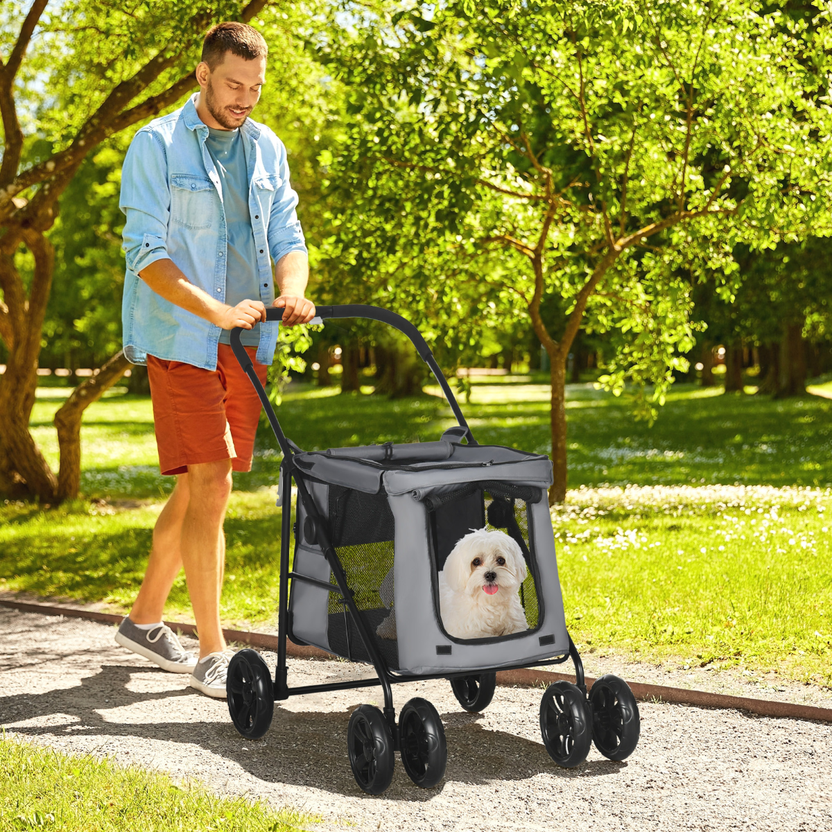 PawHut One-Click Foldable Pet Stroller with Mesh Windows for Small Dogs - Grey