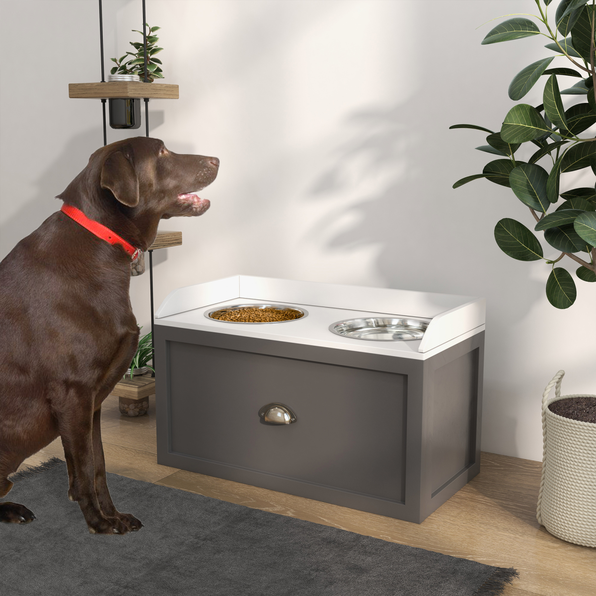 PawHut Raised Stainless Steel Dog Bowl with 21L Drawer for Large Dogs