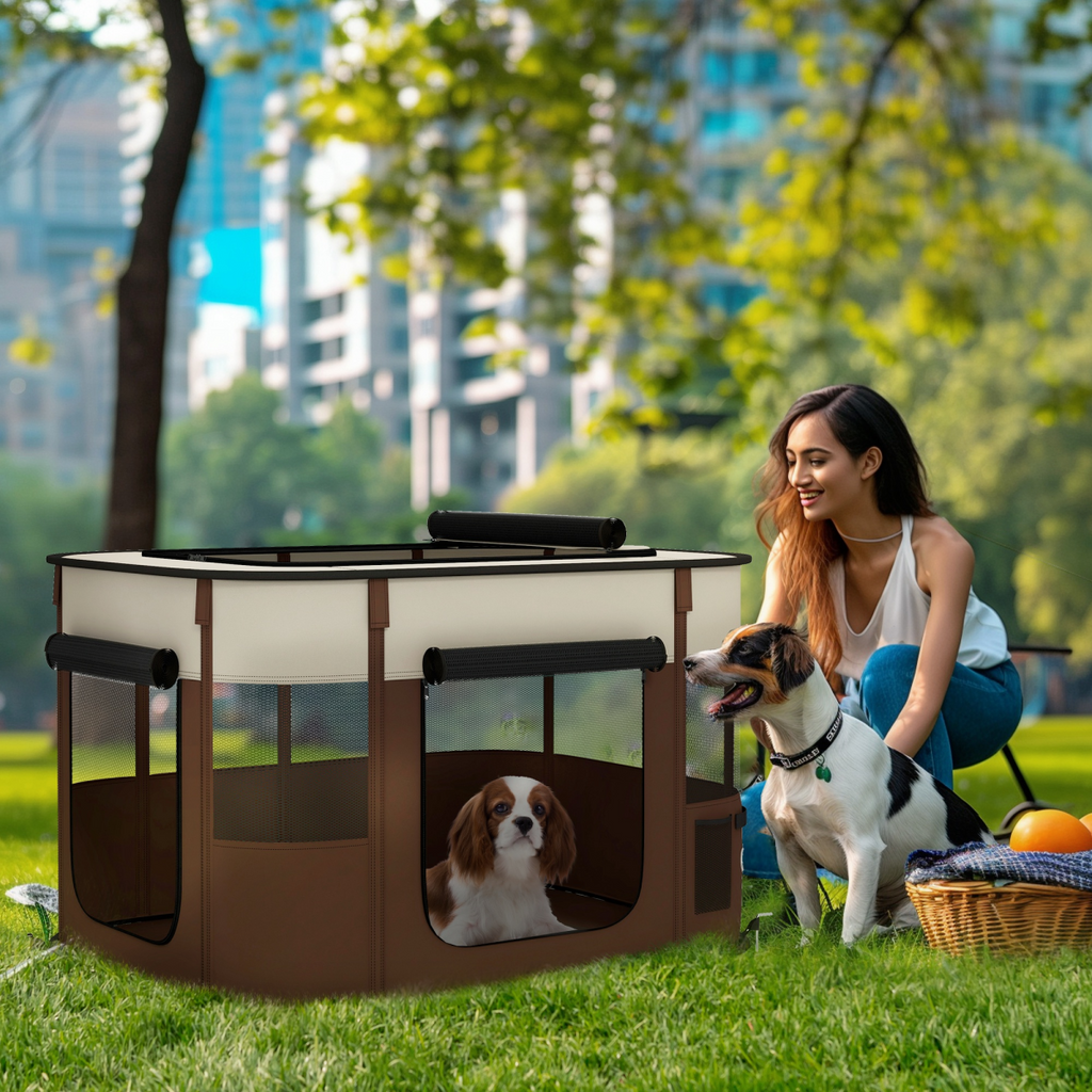 PawHut Portable Pet Pen for Small Animals - Brown, Foldable & Ventilated