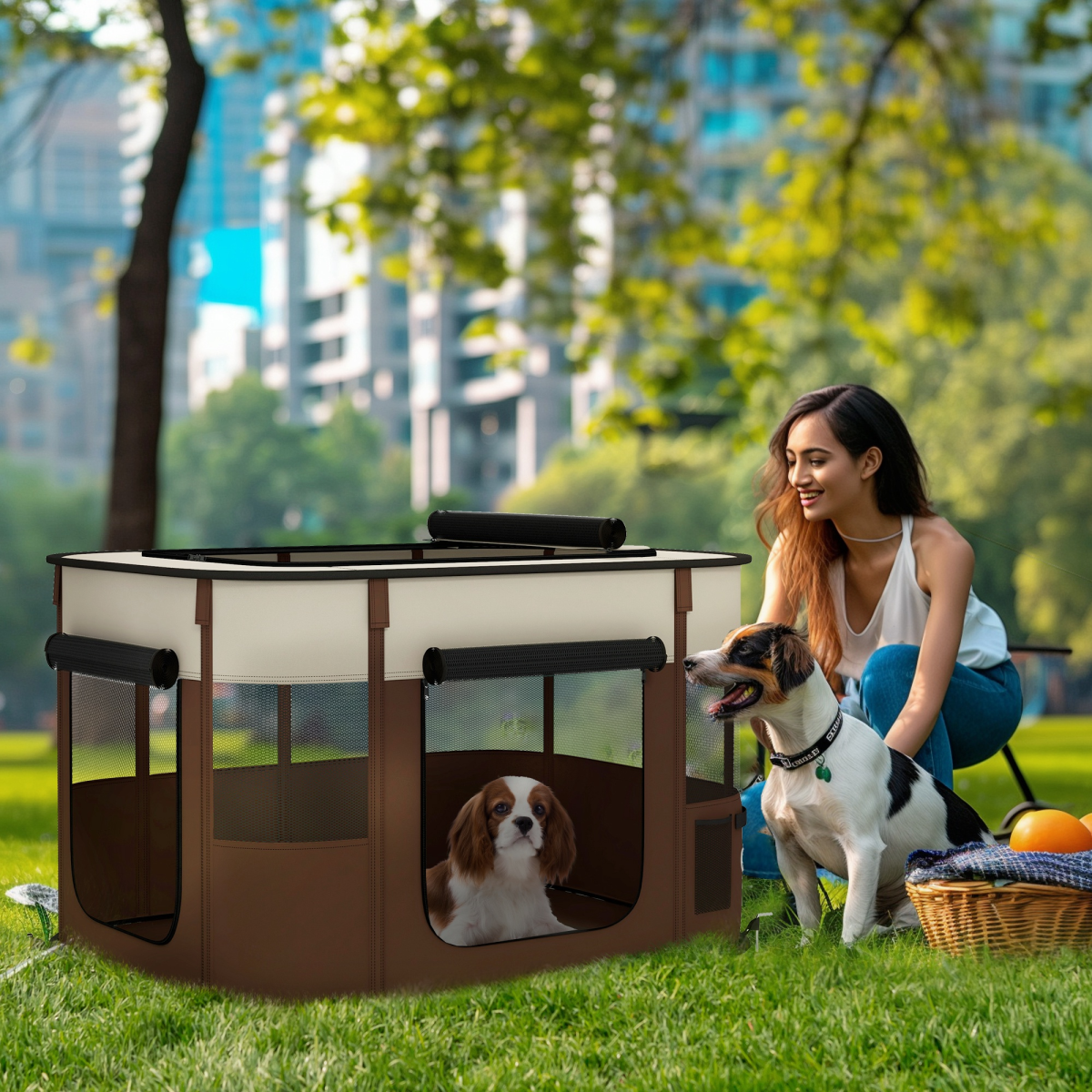 PawHut Portable Pet Pen for Small Animals - Brown, Foldable & Ventilated