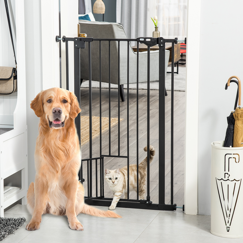 Extra Tall Dog Gate with Auto-Close & Cat Door for Stairs, 74-80 cm Wide