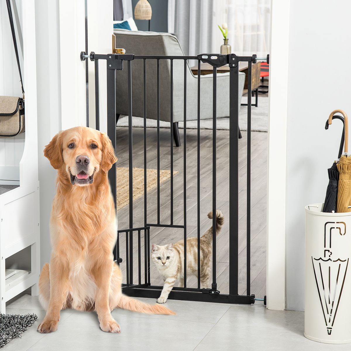 Extra Tall Dog Gate with Auto-Close & Cat Door for Stairs, 74-80 cm Wide