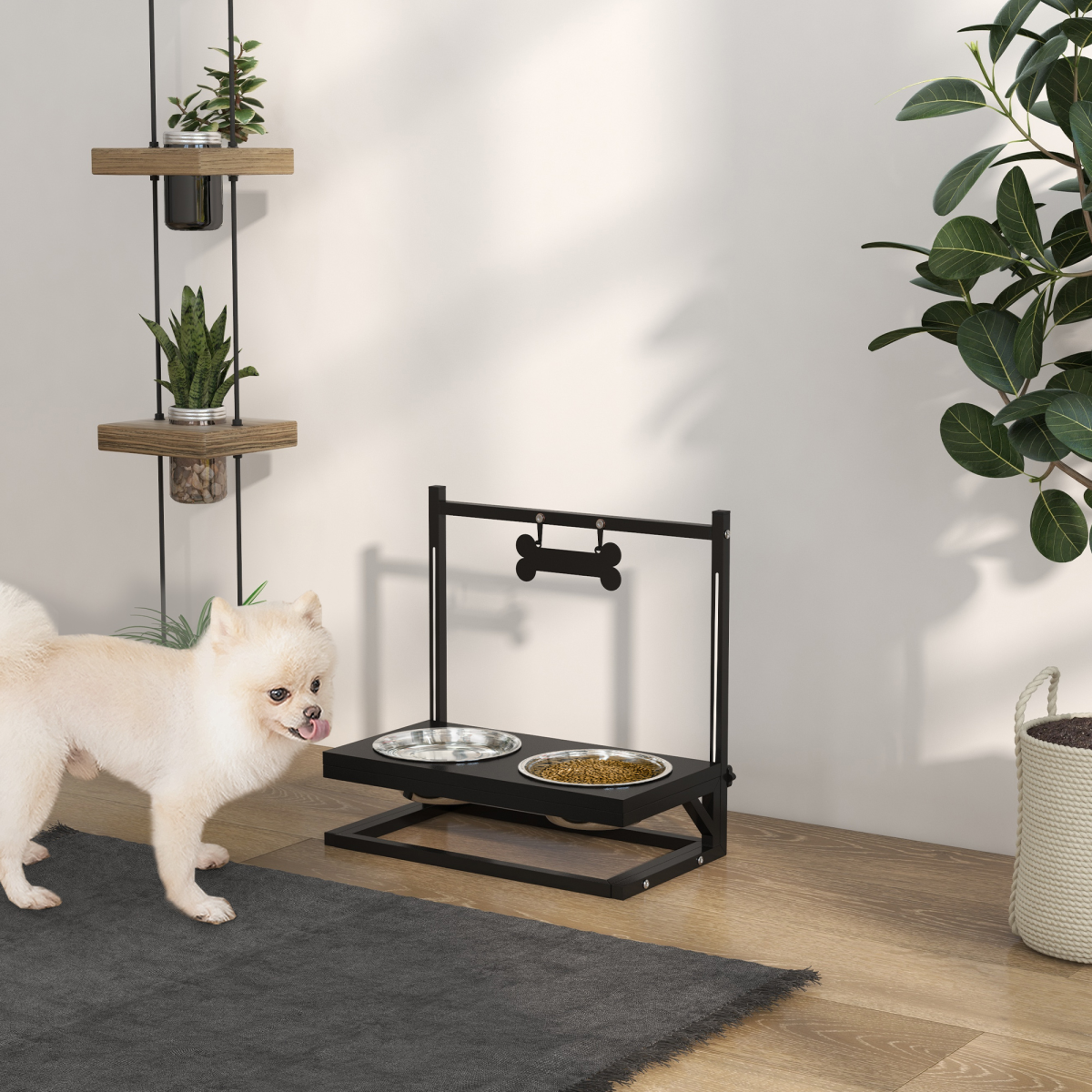PawHut Adjustable Raised Dog Bowl Stand with Name Plate