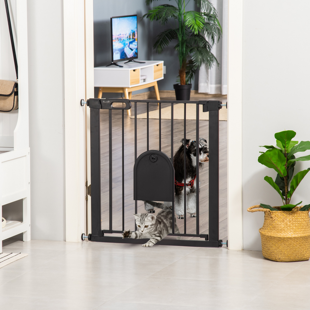 Adjustable 75-82 cm Pet Gate - Stair-Pressure Fit, Auto-Close, Double Lock, Black
