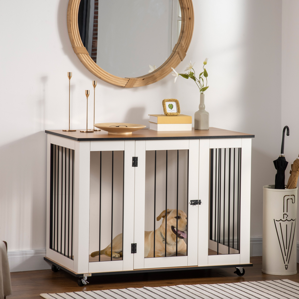 Lockable-Door Dog Crate End Table for Large Dogs - White Pawhut