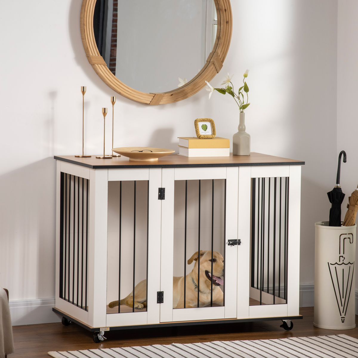 Lockable-Door Dog Crate End Table for Large Dogs - White Pawhut