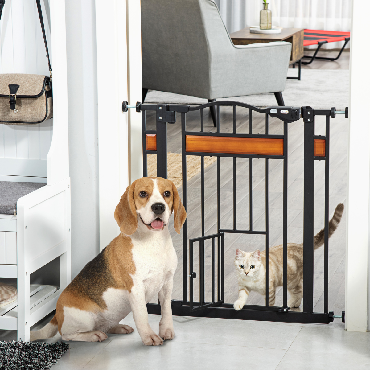 Pawhut Pet Safety Gate with Cat Door, Auto-Close, Pine Decor, 74-80 cm