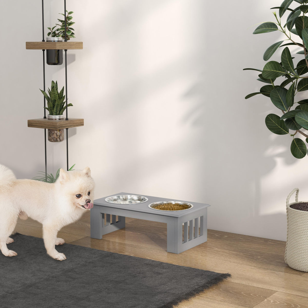 PawHut Double Bowl Raised Dog Feeder - Stainless Steel, Anti-Slip Grey