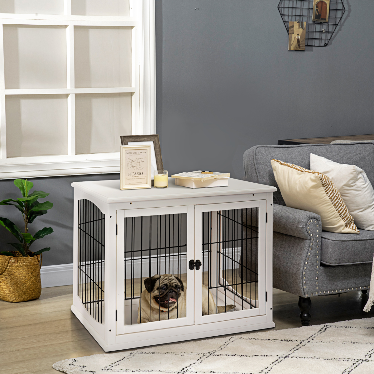 Wooden Dog Crate End Table with Metal Wire - Small Dog Cage, White