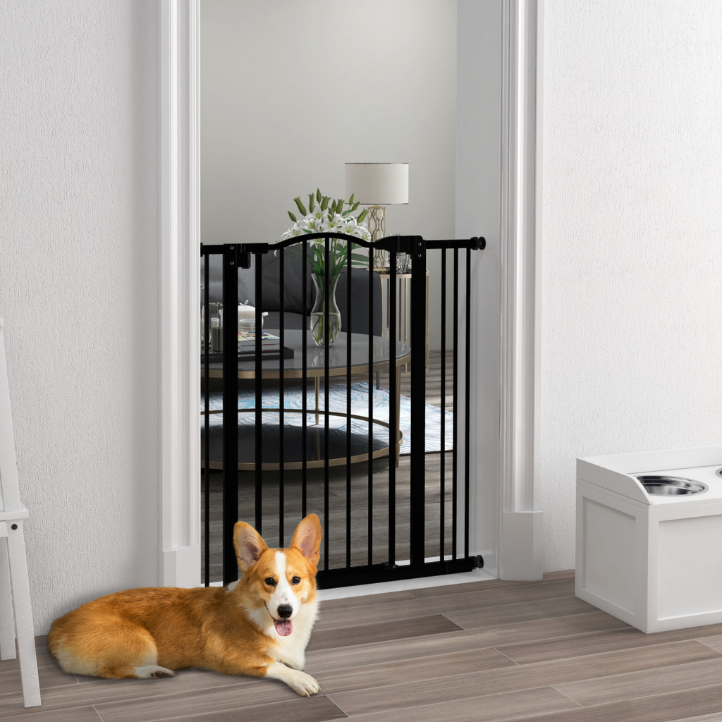 PawHut 74-87cm Metal Pet Gate with Auto-Close Door and Double Lock - Black