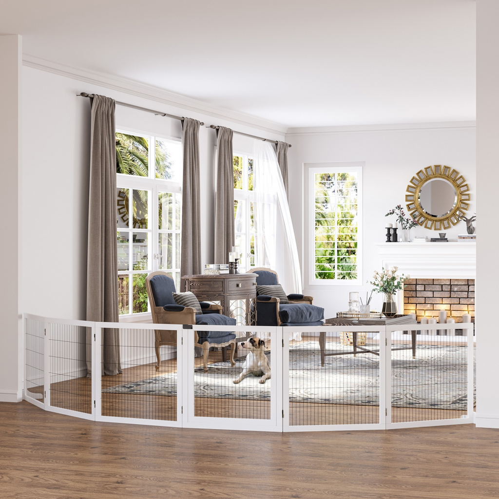 6-Panel Freestanding Foldable Wooden Dog Gate Playpen 432cm Pawhut
