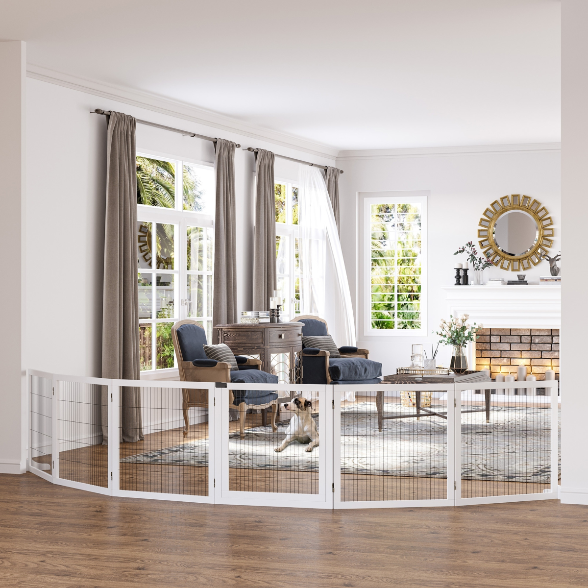 6-Panel Freestanding Foldable Wooden Dog Gate Playpen 432cm Pawhut