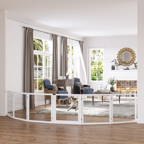 6-Panel Freestanding Foldable Wooden Dog Gate Playpen 432cm Pawhut