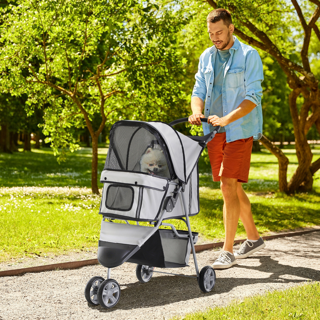 Pawhut 3-Wheel Pet Stroller Carrier for Cats & Small Dogs, Grey