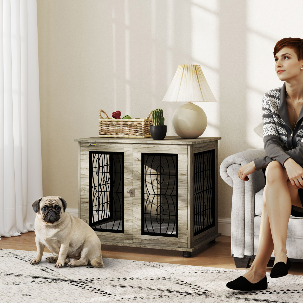 PawHut Multi-Function Dog Crate End Table with Cushioned Bed