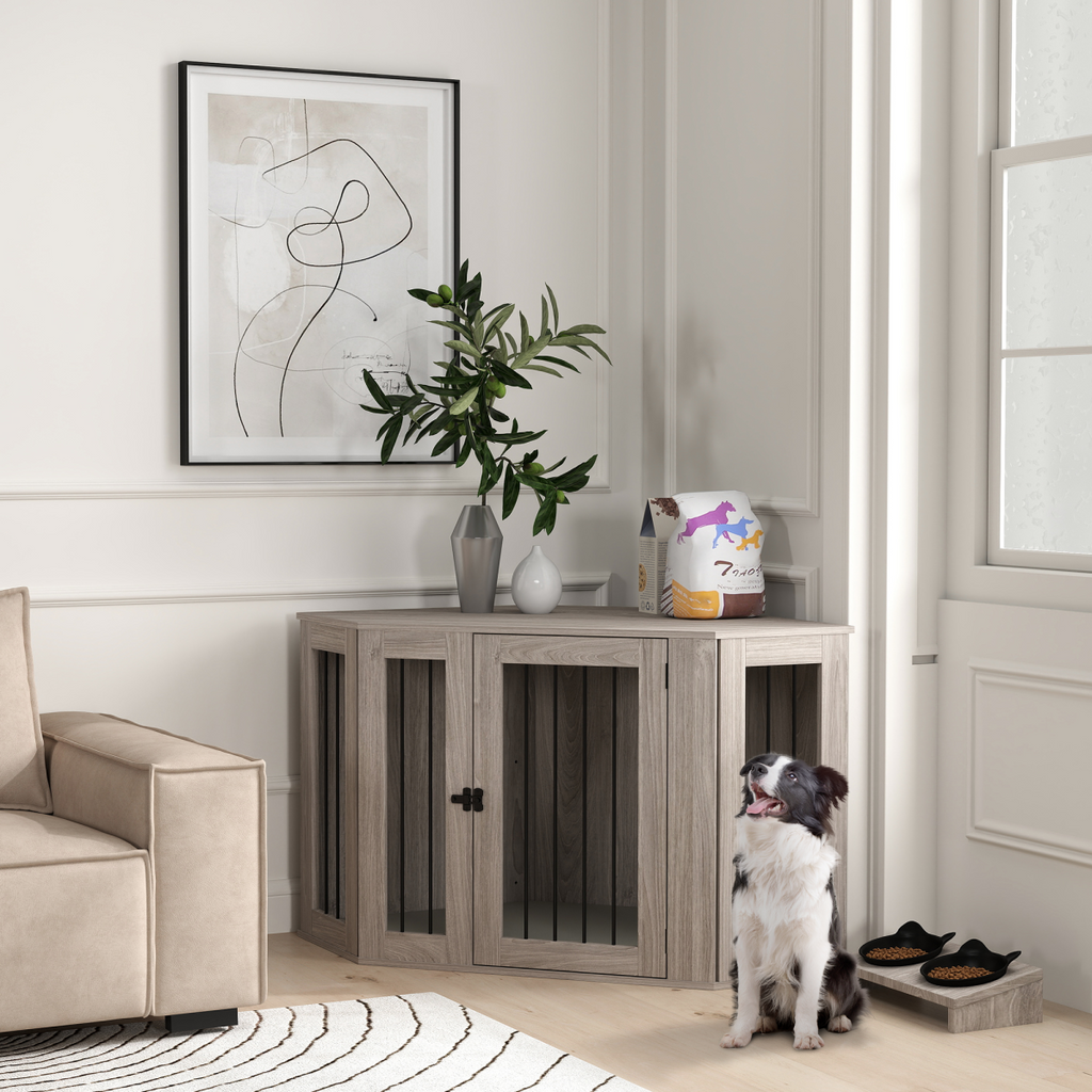 Walnut Brown Dog Crate Side Table for Large Dogs, Cushioned and Safe