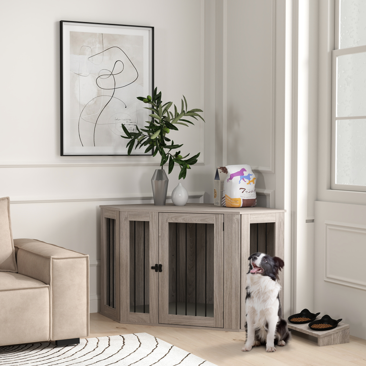 Walnut Brown Dog Crate Side Table for Large Dogs, Cushioned and Safe