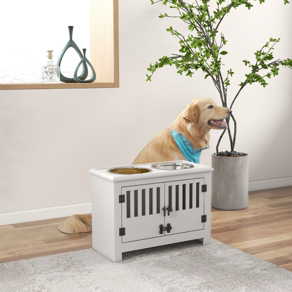 PawHut Raised 2-Bowl Dog Feeding Station for Large Dogs with Storage - White