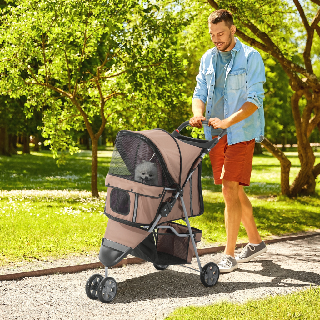 Pawhut 3-Wheel Pet Stroller Carrier for Cats & Puppies, Brown